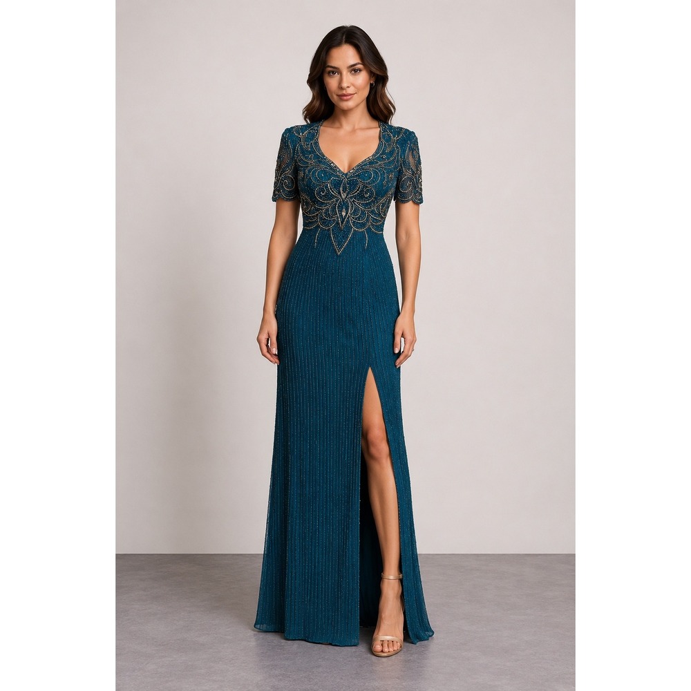 Alyce Designs‎ 10 Teal Blue Beaded Sequin Formal Evening Gown Butterfly Vintage